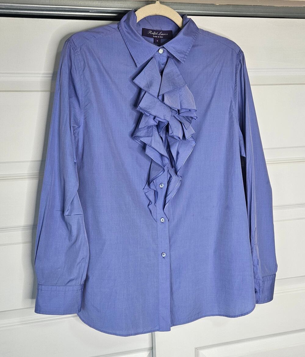 Ralph Lauren Purple Label Periwinkle Blue Ruffle Blouse Size 12 Italy NWOT